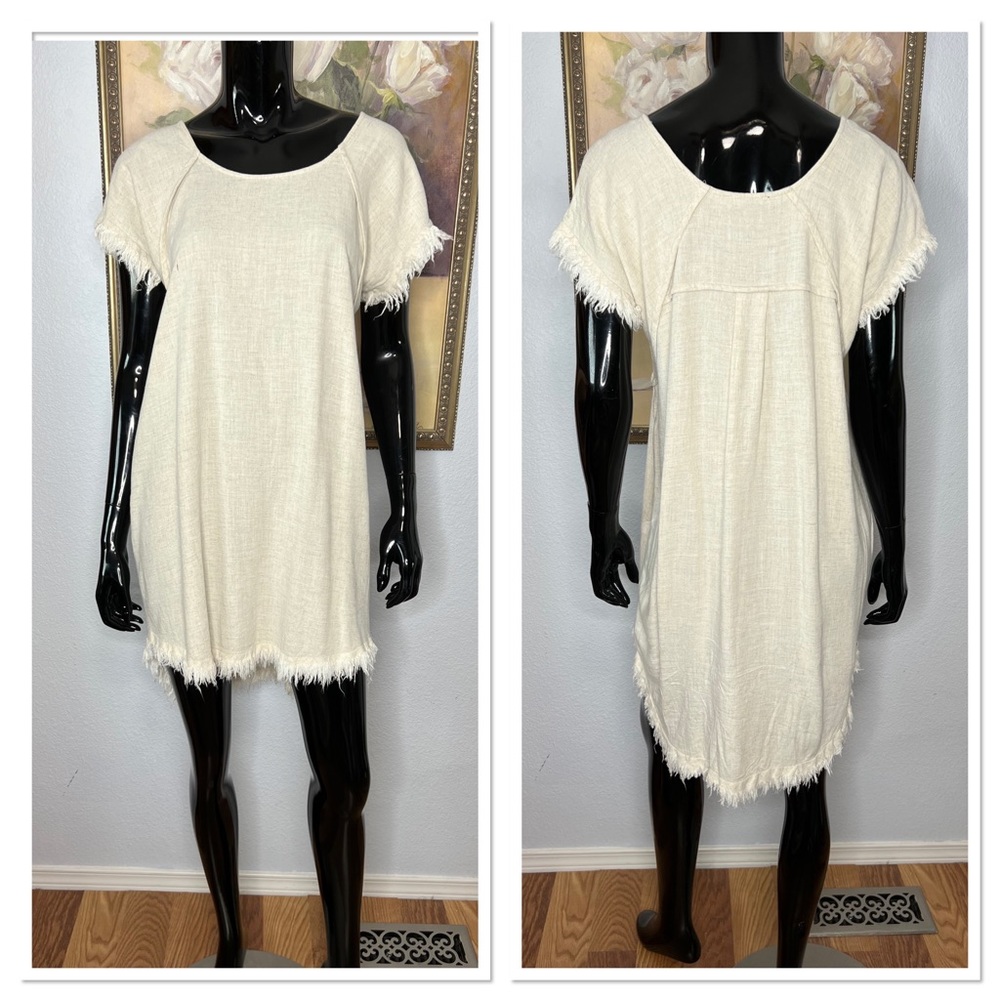 Chelsea and Theodore Fringe High Low Hem Dress Sz M Cottage Linen Blend